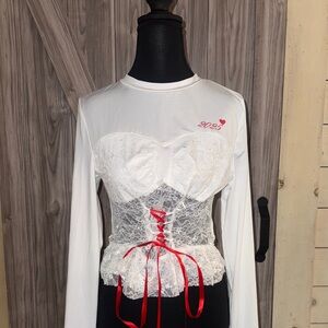 White Lace Corset Top with Red Accents